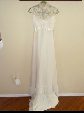 White Lace-Detail Long Nightgown with Satin Trim